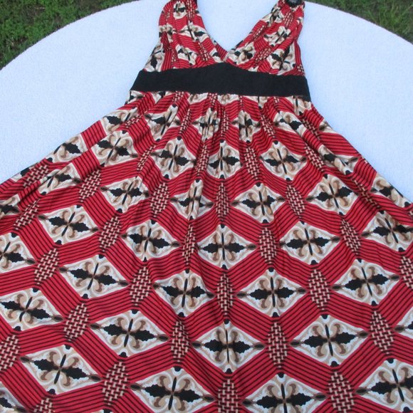 Badgley Mischka Midi Silk Dress Women’s 6 Red/Black Beaded Abstract Print Retro - Picture 1 of 16